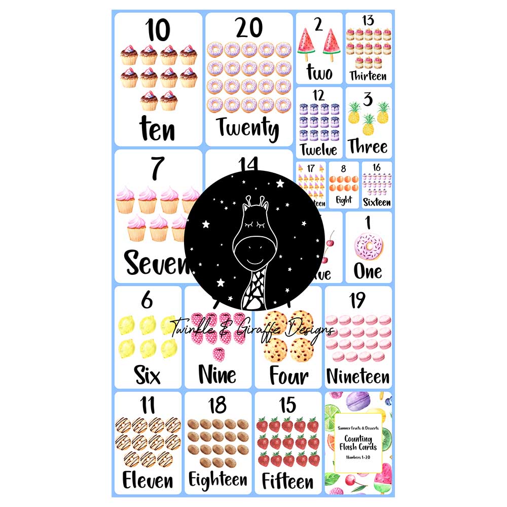 Twinkle And Giraffe Designs - Numbers Flashcards 1-20