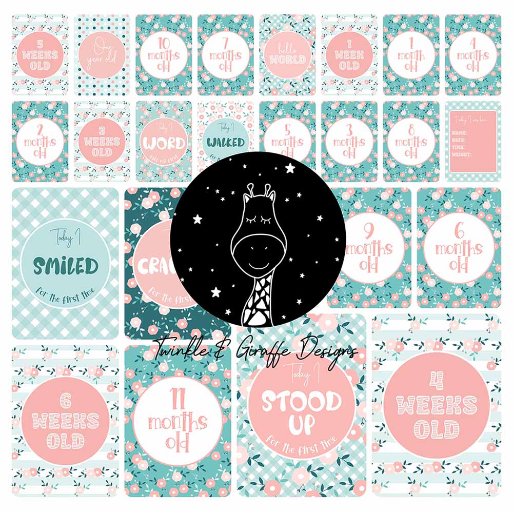 Twinkle and Giraffe Designs - Flowers Baby Milestone Cards - 25pc-Set