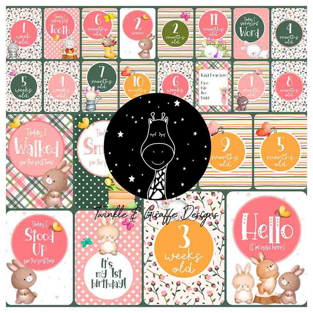 Twinkle and Giraffe Designs - Flowers Milestone Cards - 25pc-Set
