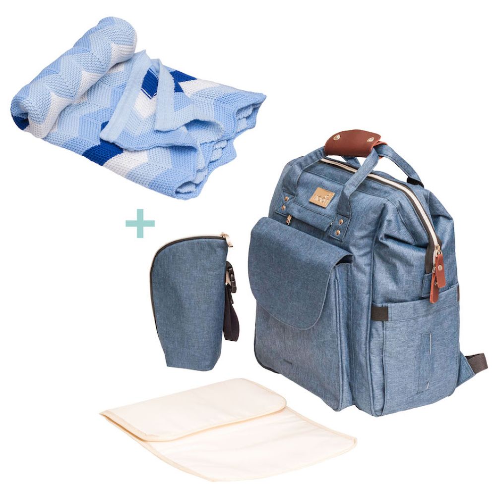Moon - Denise Diaper Backpack & Snugly Baby Blanket - Blue