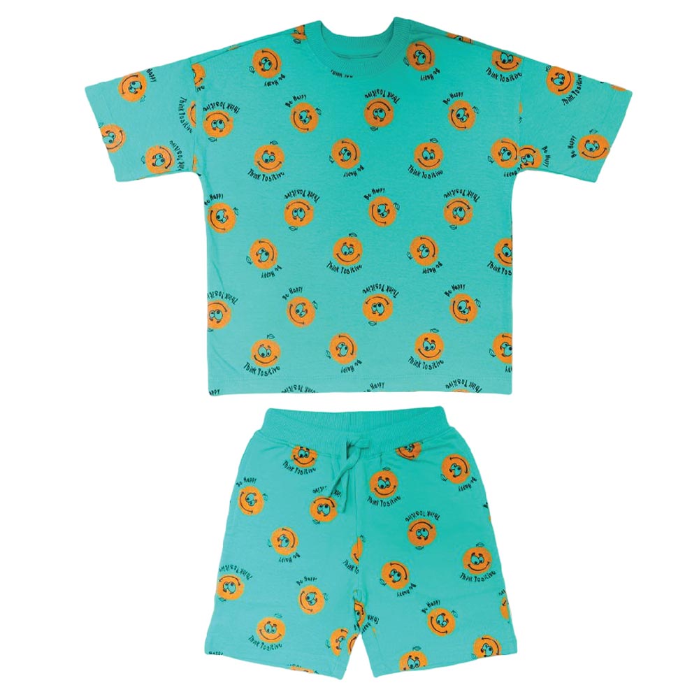 Aiko Kids Cute Smiley T-Shirt & Shorts - Green - 2 Pcs