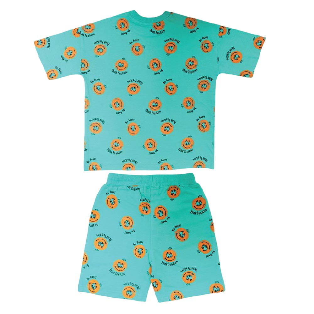 Aiko Kids Cute Smiley T-Shirt & Shorts - Green - 2 Pcs