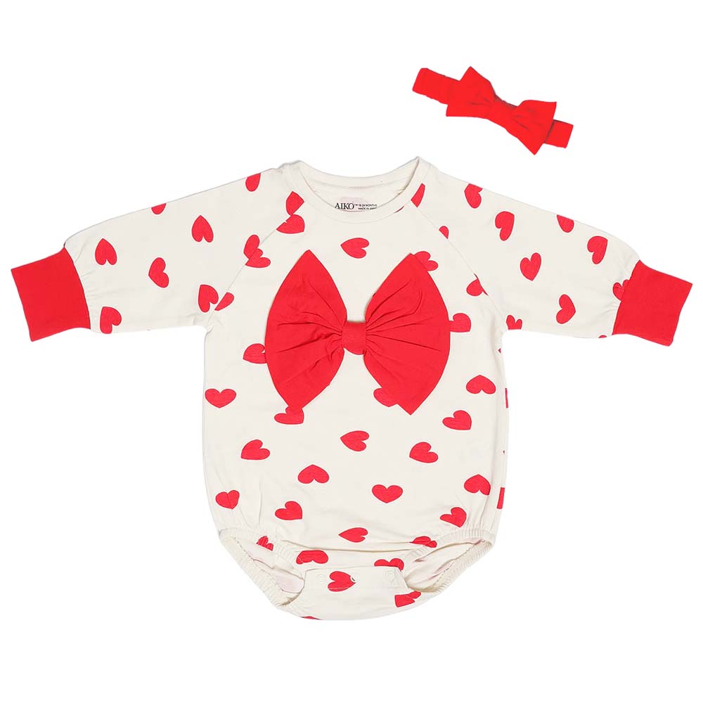 Aiko Baby Heart Design Bodysuit with Headband - White