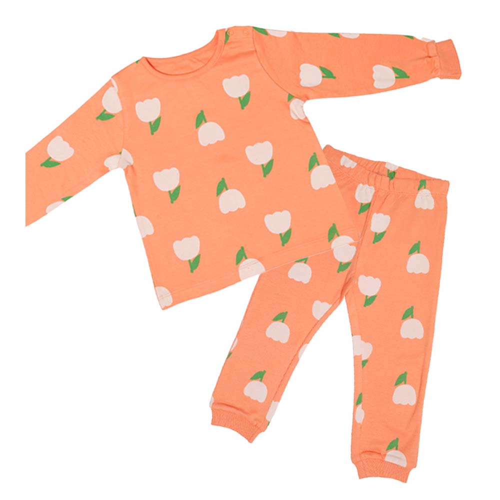 Aiko Kids Cute Print T-Shirt & Pyjama - Orange - 2 Pcs