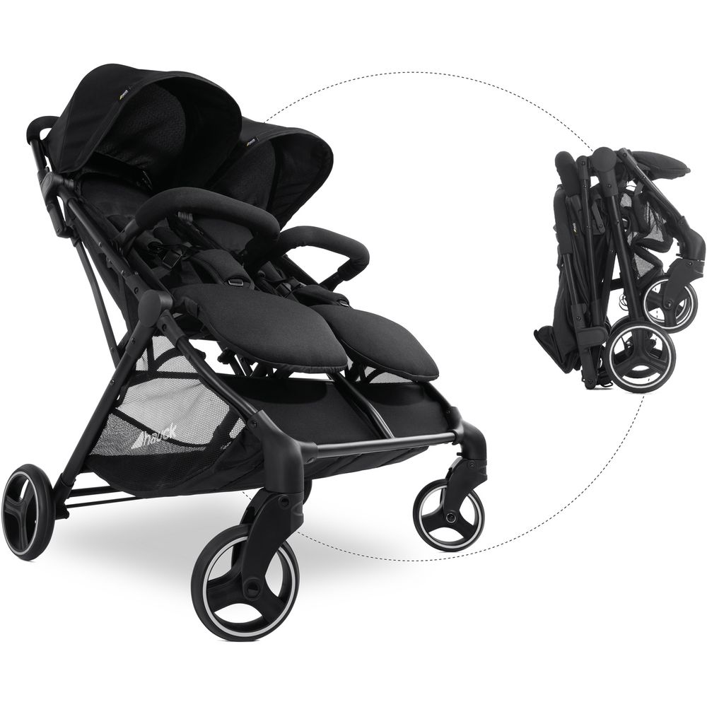 هوك - سويفت إكس ديو - عربية أطفال توأم خفيفة الوزن مع طي مدمج ومظلات مخصصة - أسود
