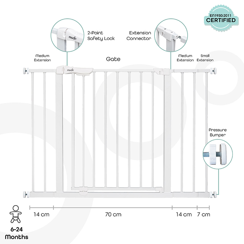 Moon - Safety Metal Gate 74.5-114 cm with Extension 7 & 14 cm
