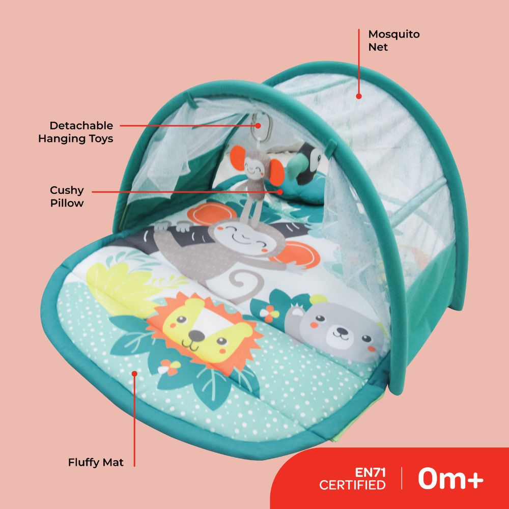 Moon - 2-In-1 Nap & Play Travel Floor Mat with Mosquito Net - Green