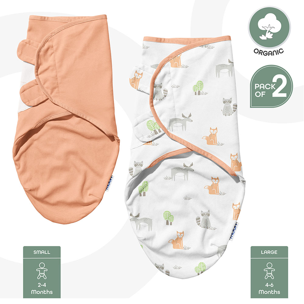 Moon - Organic Baby Swaddle - Pack of 2 - Forest & Peach