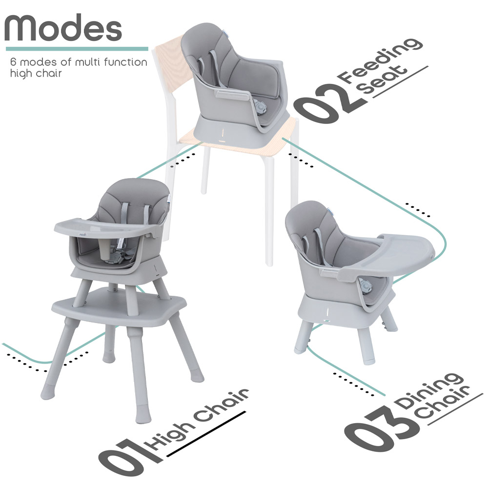 MOON - 6-In-1 High Chair with Safety Harness & Belt - Grey