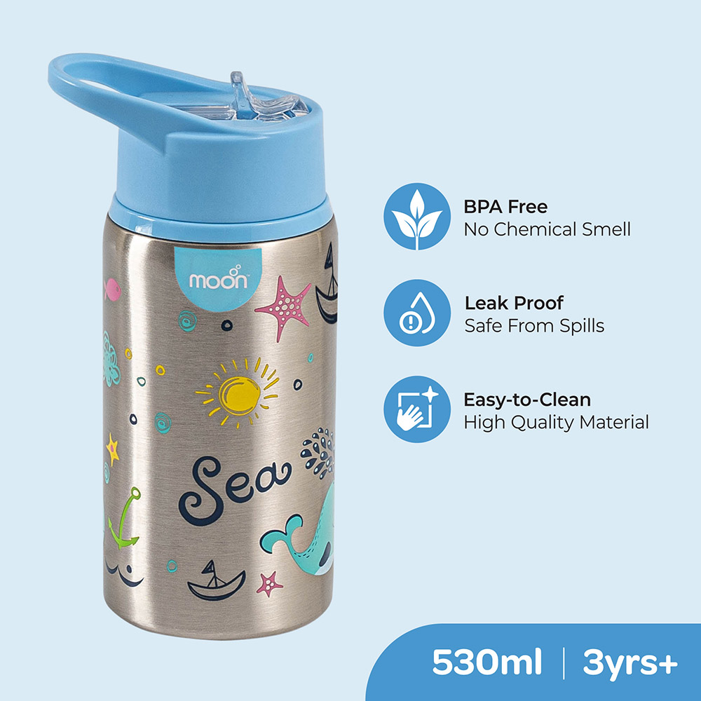 مون - زمزمية ستانلس ستيل بجدار فردي - 530 مل - أزرق