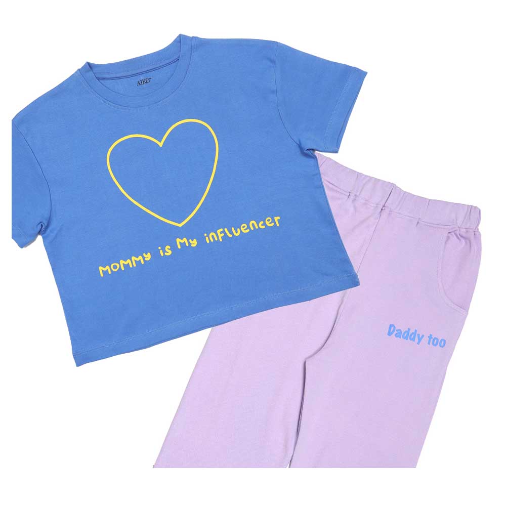 Aiko Kids Short Sleeve T-Shirt with Pants - Blue - 2 Pcs