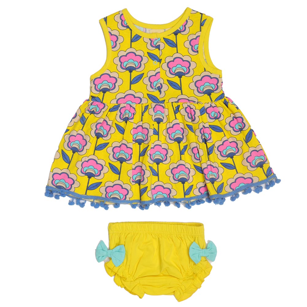 Aiko Infants Floral Print Dress with Bloomer - Yellow