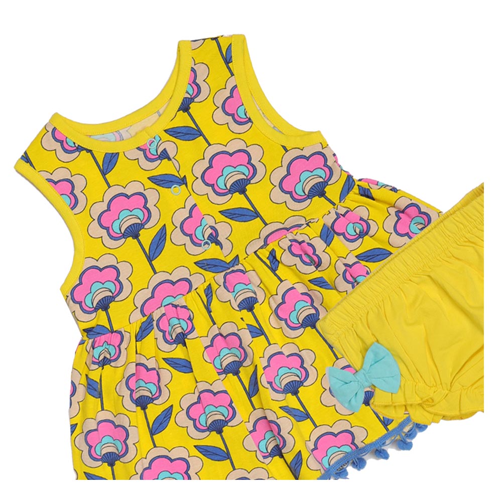 Aiko Infants Floral Print Dress with Bloomer - Yellow