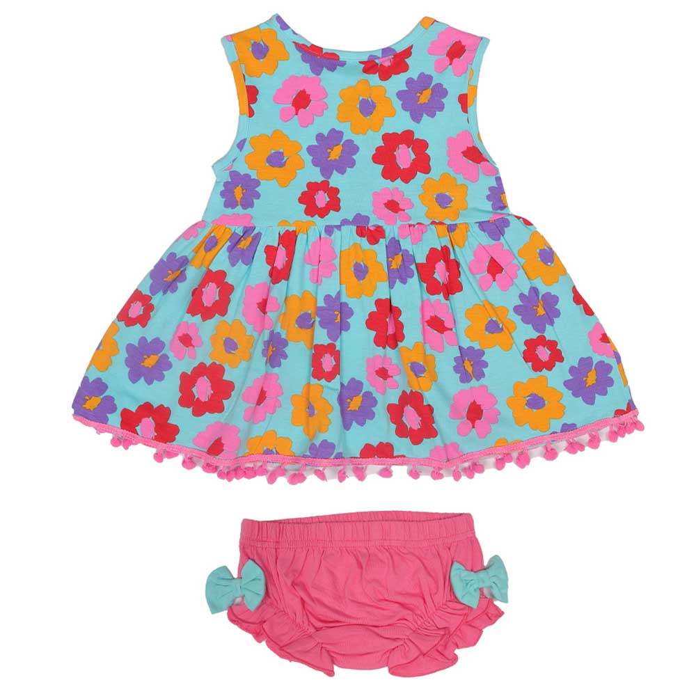 Aiko Infants Floral Print Dress with Bloomer - Blue
