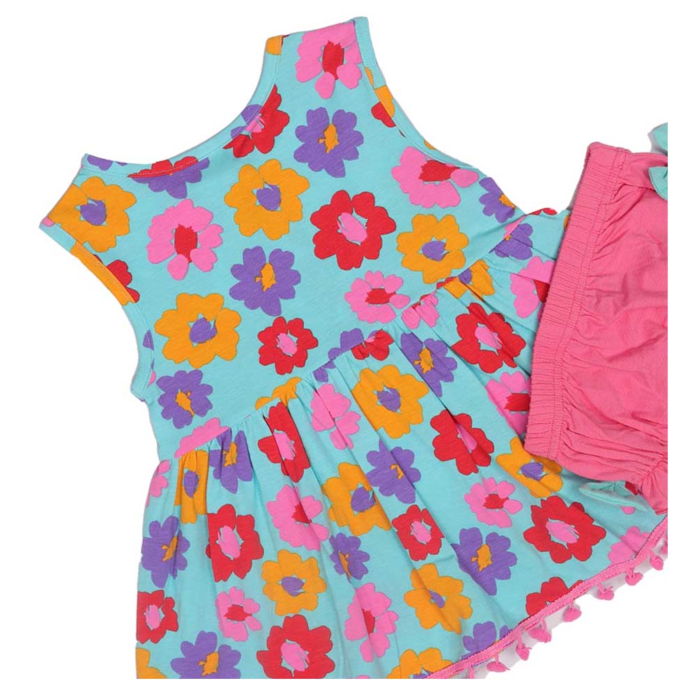 Aiko Infants Floral Print Dress with Bloomer - Blue