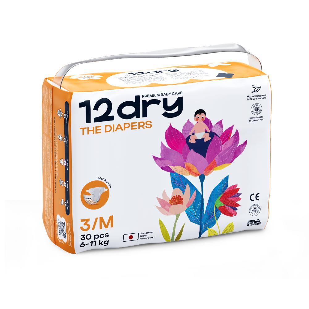 12dry - Premium Baby Care Diapers - Size 3/M - 6-11 kg – 30 Count