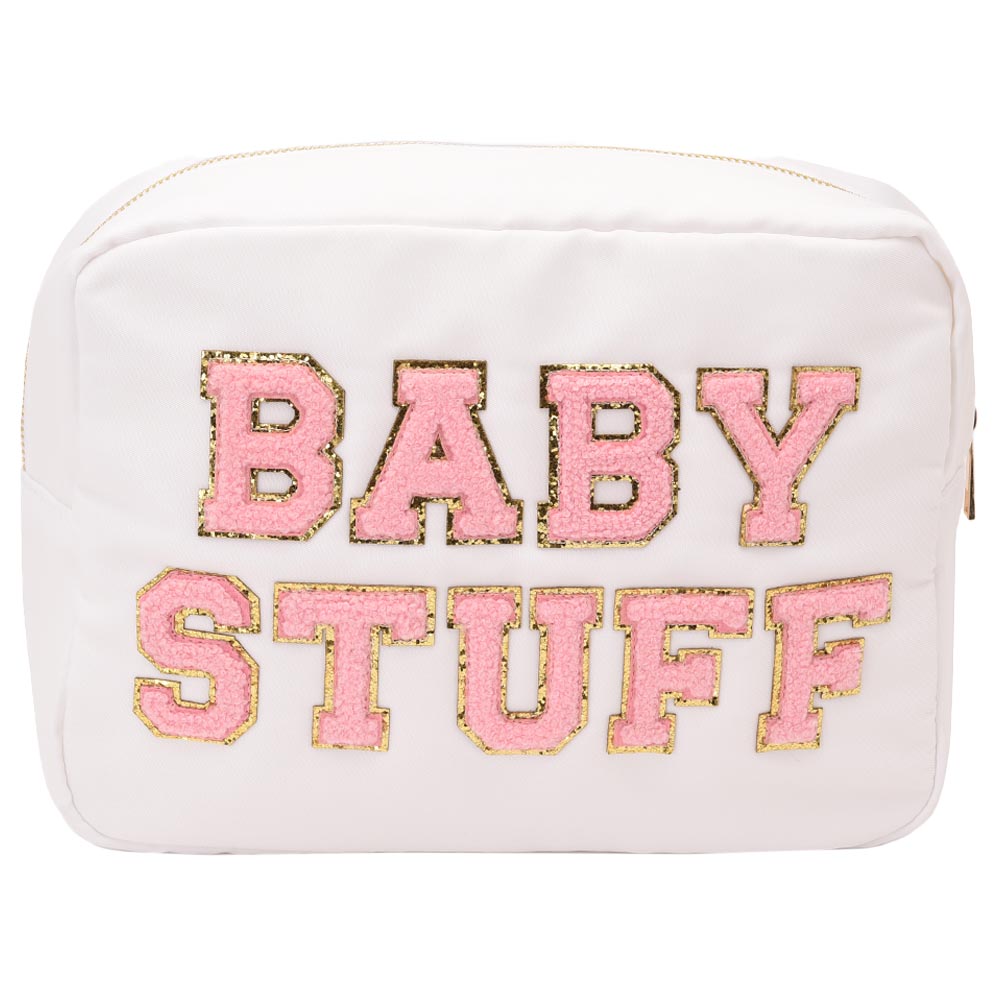 TheHappyTribe - Baby Stuff Pouch with Pink Letters - Large - White