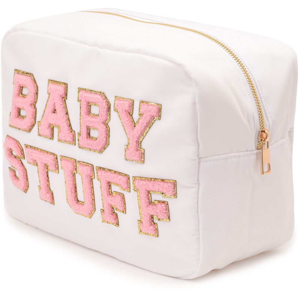 TheHappyTribe - Baby Stuff Pouch with Pink Letters - Large - White