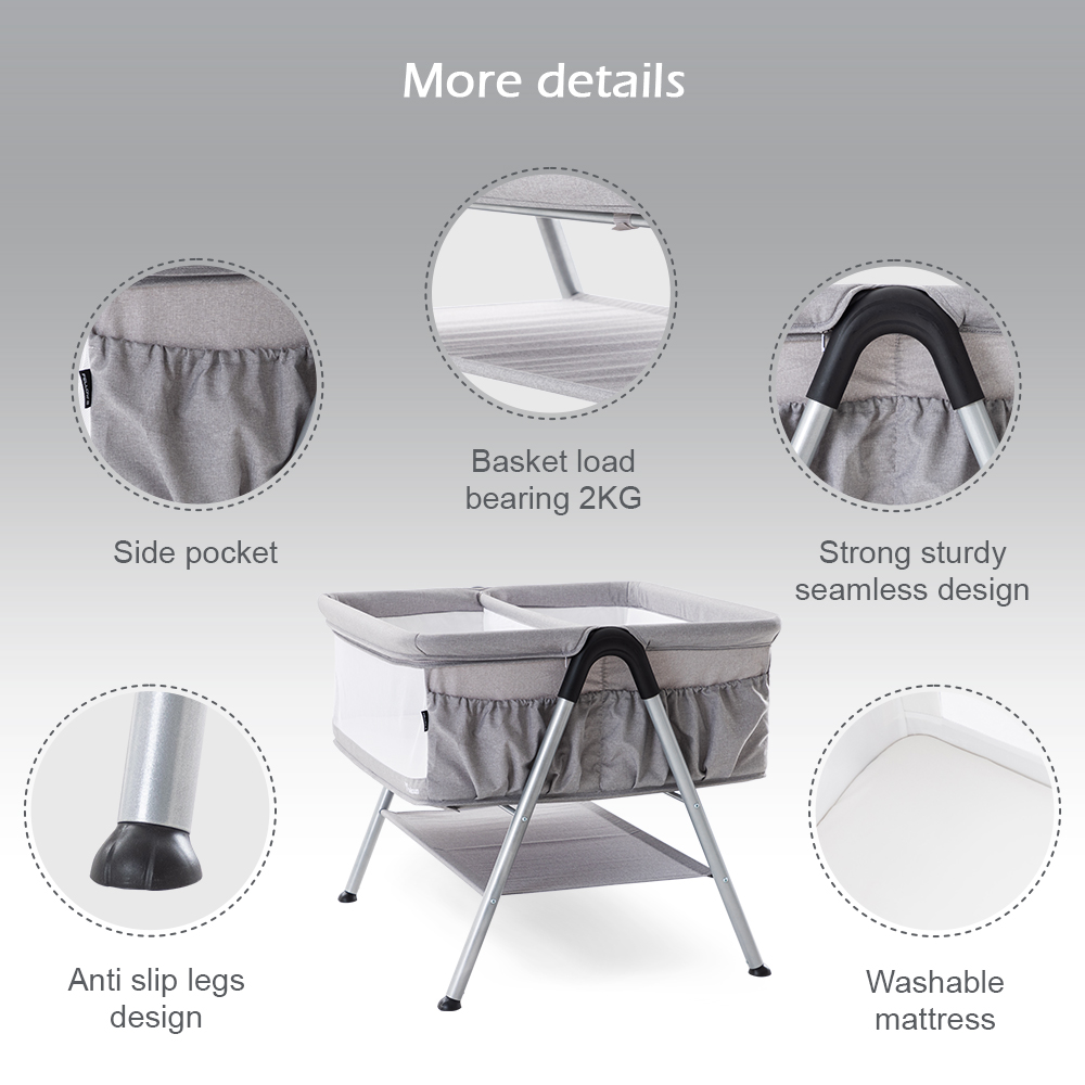 Teknum Fellow 2 Twin Bedside Crib Bassinet - Grey