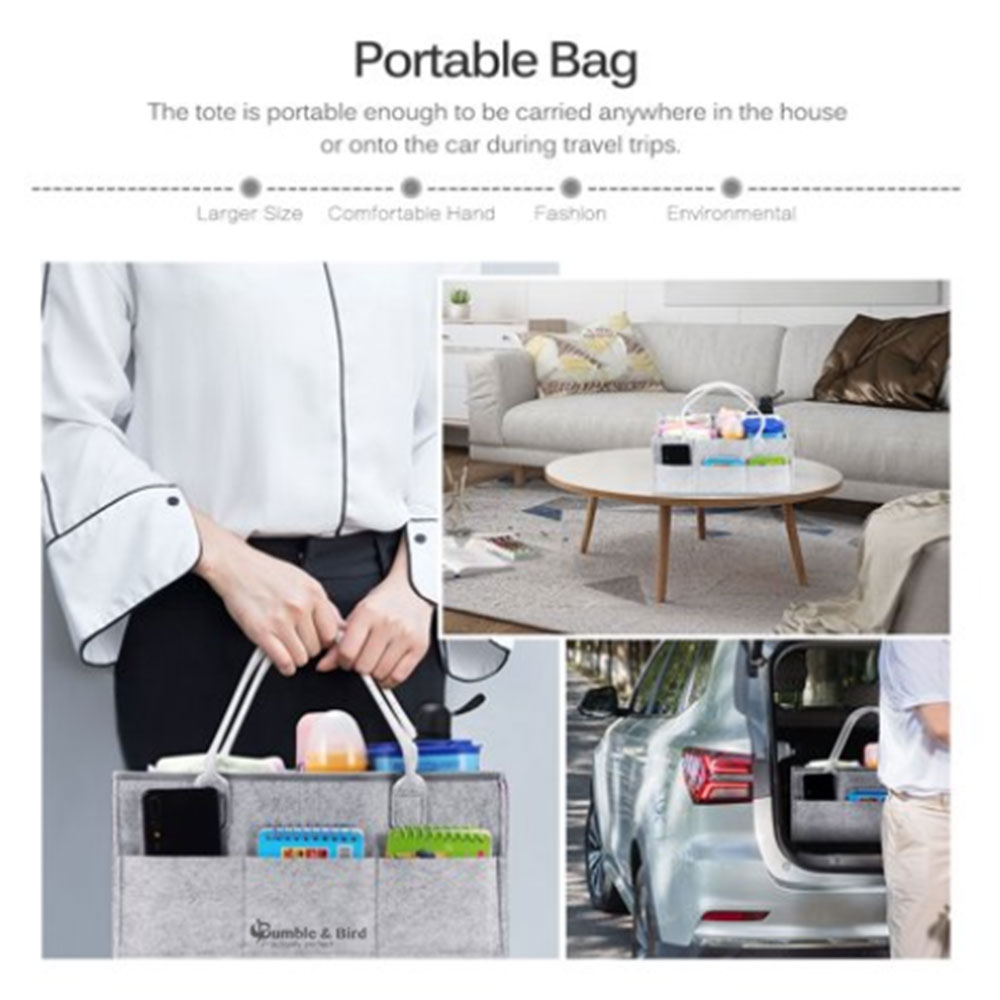Bumble & Bird - Fabric Diaper Caddy Organizer With Leather Handle - Grey