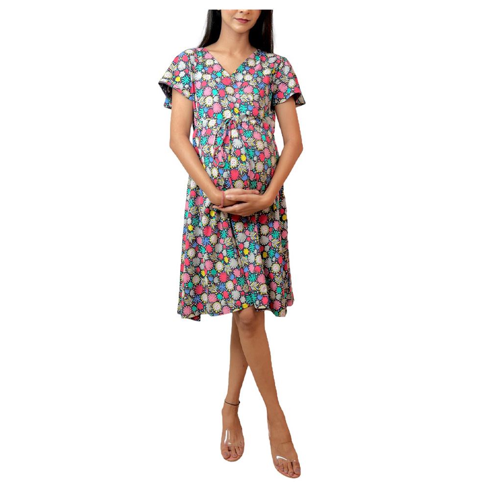 Tummy Organic Cotton Maternity Dress With Drawstring - Multi