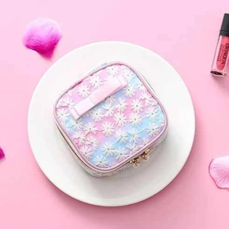 UKR - Flower Embroidered Toiletry Bag - Pink/Blue