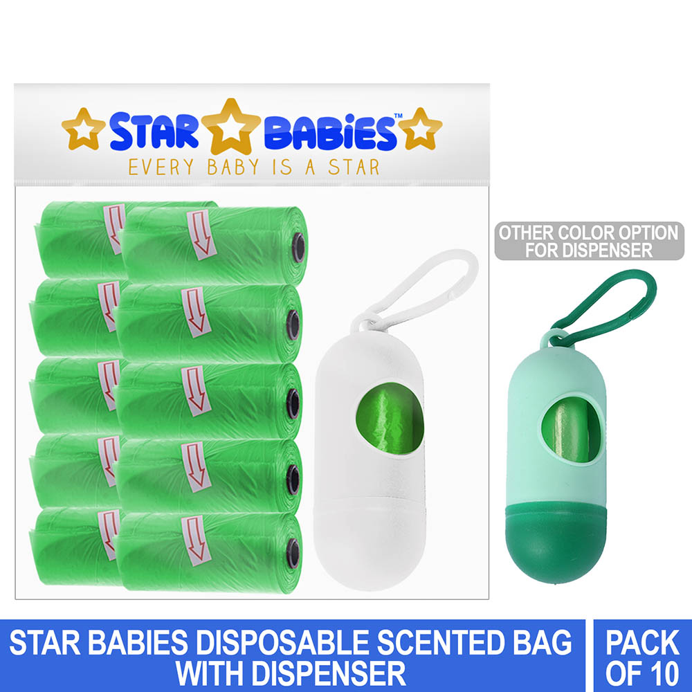 Star Babies - Pack of 10/150 Bags Scented Nappy Bag Green & Assorted Dispenser