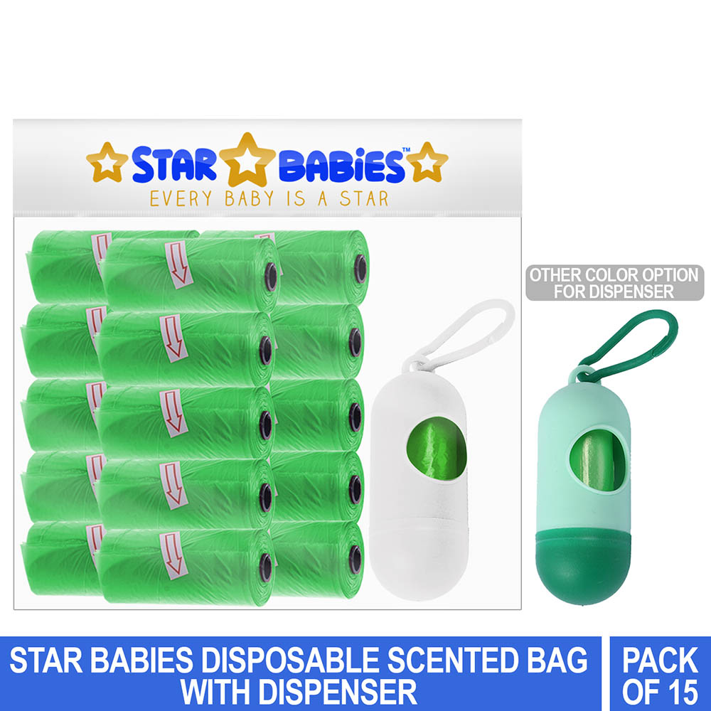 Star Babies Pack of 15/225 Bags Scented Nappy Bag Green & Assorted Dispenser