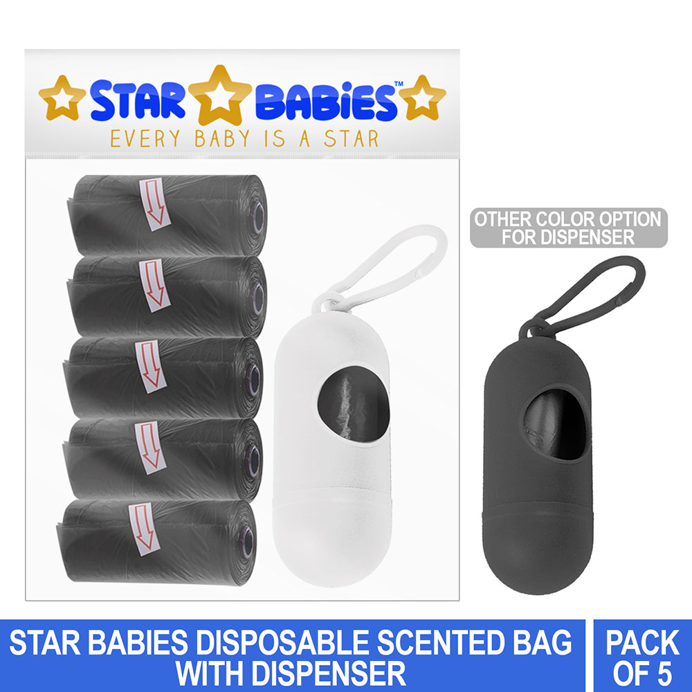 Star Babies - Pack of 5/75 Bags Scented Nappy Bag Black & Assorted Dispenser