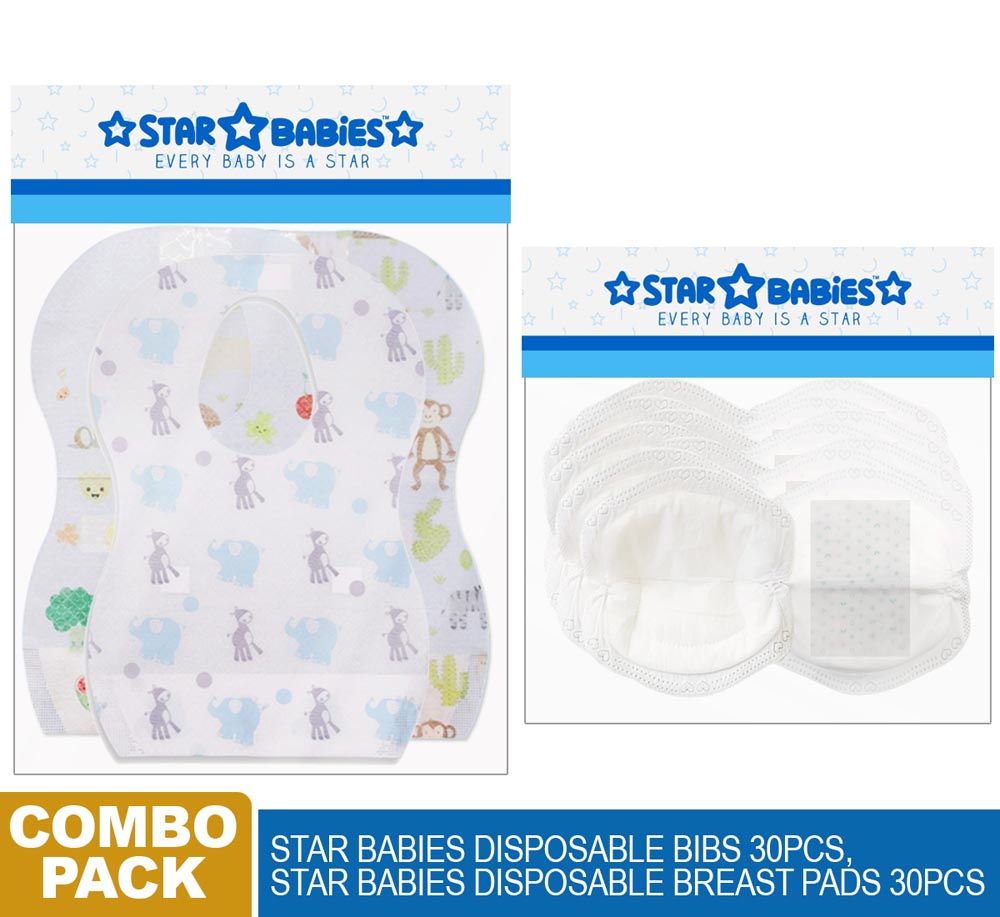Star Babies - Combo - Disposable Bibs 30pcs + Disposable Breast Pads 30pcs