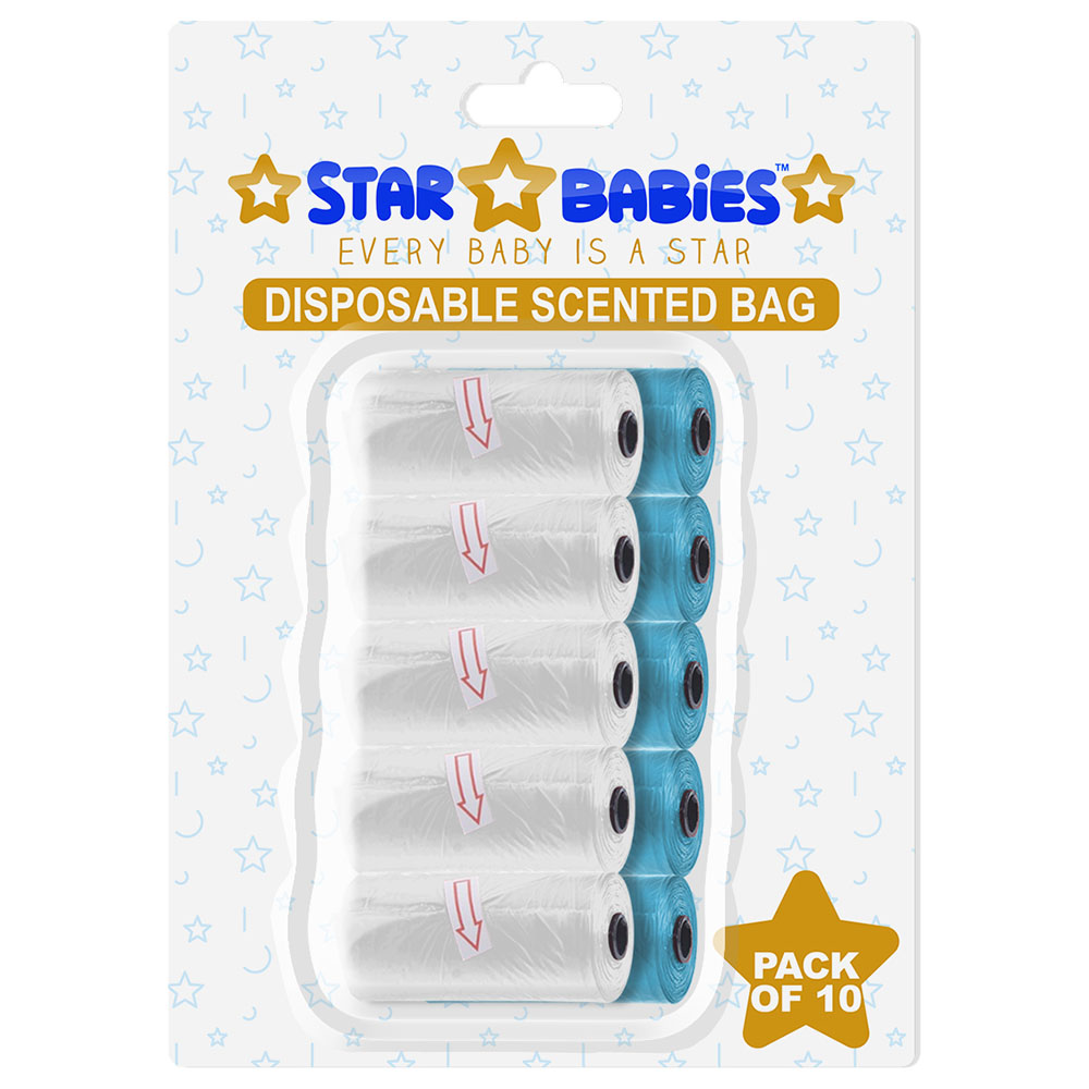Star Babies - Scented Nappy Bag Blister - Pack of 10/150 Bags - Blue & White
