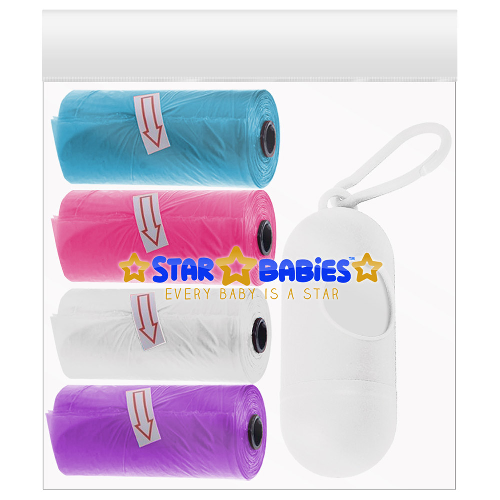 Star Babies - Scented Nappy Bag 4 Packs/60 Bags & Dispenser - Blue/Pink/White/Lavender