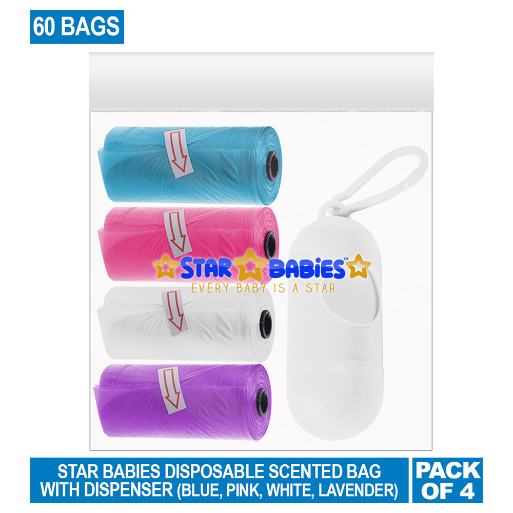 Star Babies - Scented Nappy Bag 4 Packs/60 Bags & Dispenser - Blue/Pink/White/Lavender
