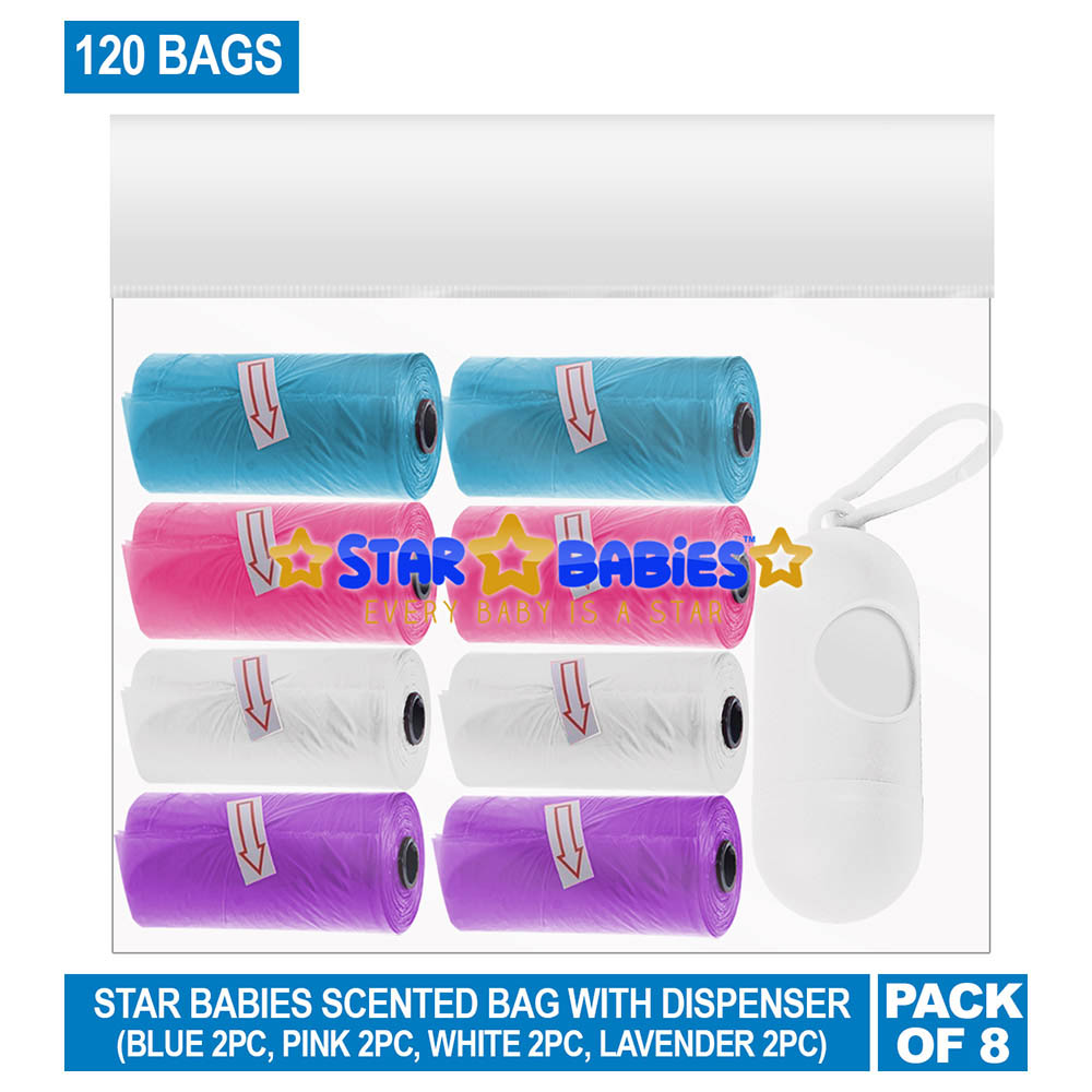 Star Babies Scented Nappy Bag 8 Packs/120 Bags & Dispenser -Blue/Pink/White/Lavender