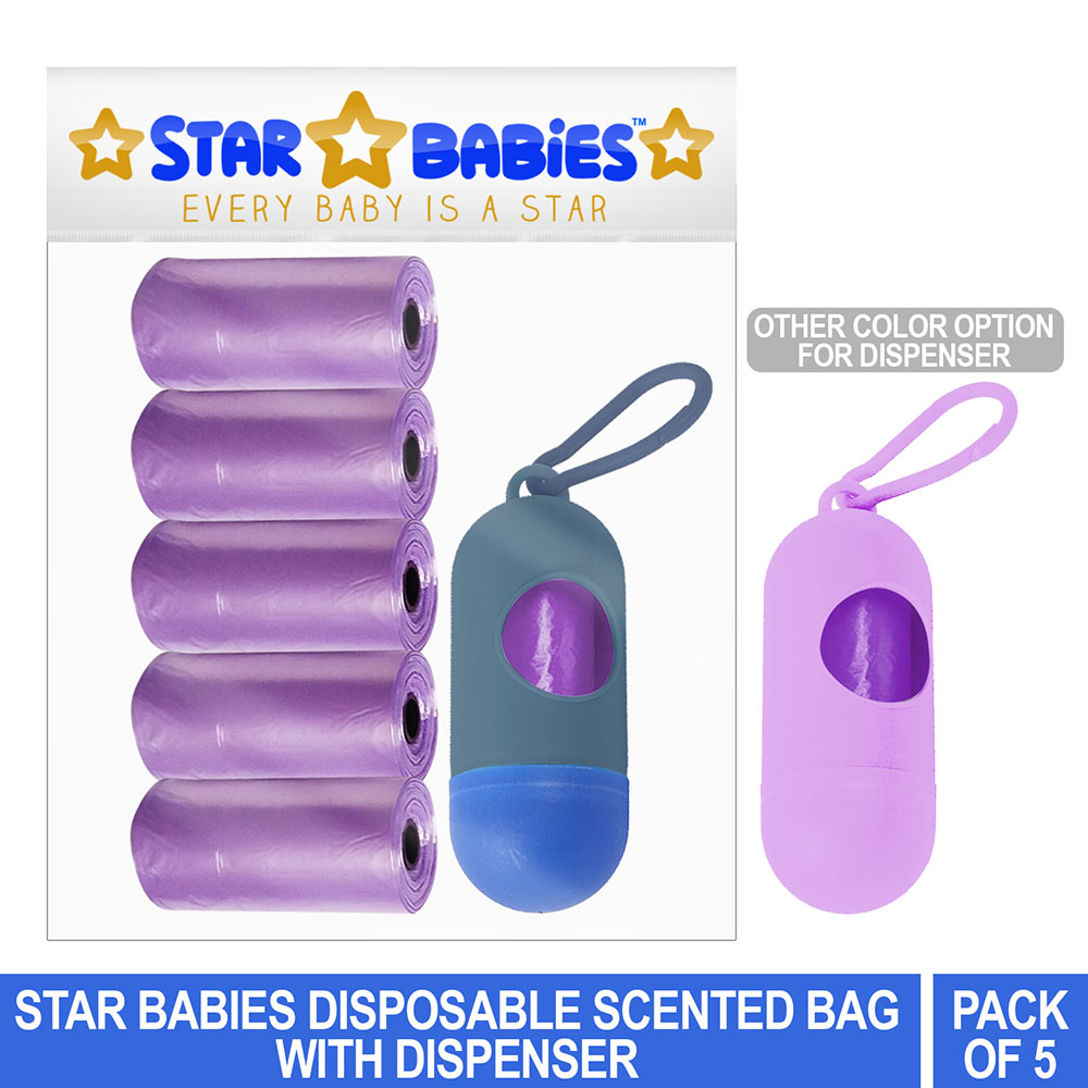 Star Babies - Scented Nappy Bag Pack of 5/75 Bags Lavender & Assorted Dispenser