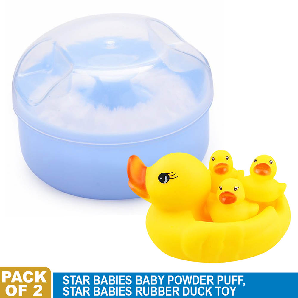 Star Babies - Powder Puff with Rubber Duck - Pack Of 2 - Blue/Yellow