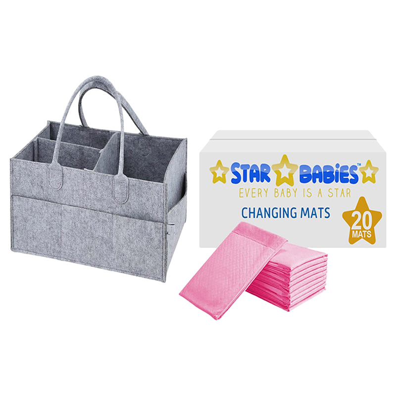 Star Babies - Caddy Diaper Bag with Disposable Changing Mat - 20pcs - Grey/Pink