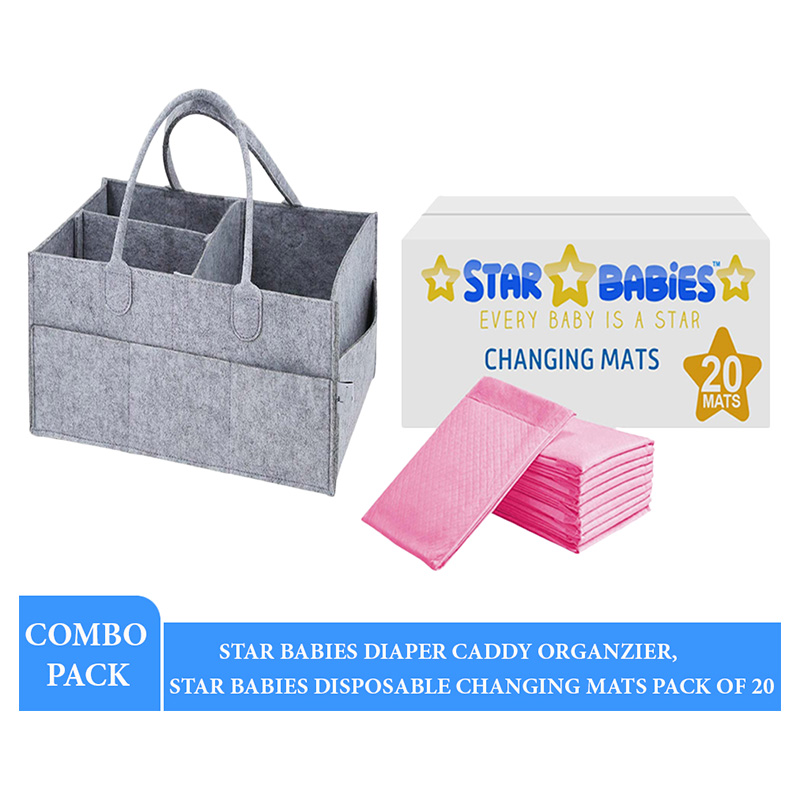 Star Babies - Caddy Diaper Bag with Disposable Changing Mat - 20pcs - Grey/Pink