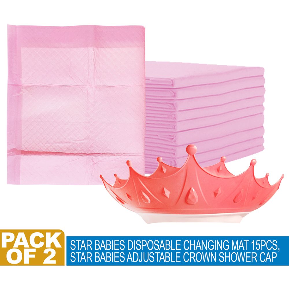 Star Babies - Disposable Changing Mats 15pcs & Crown Shower Cap Combo Set