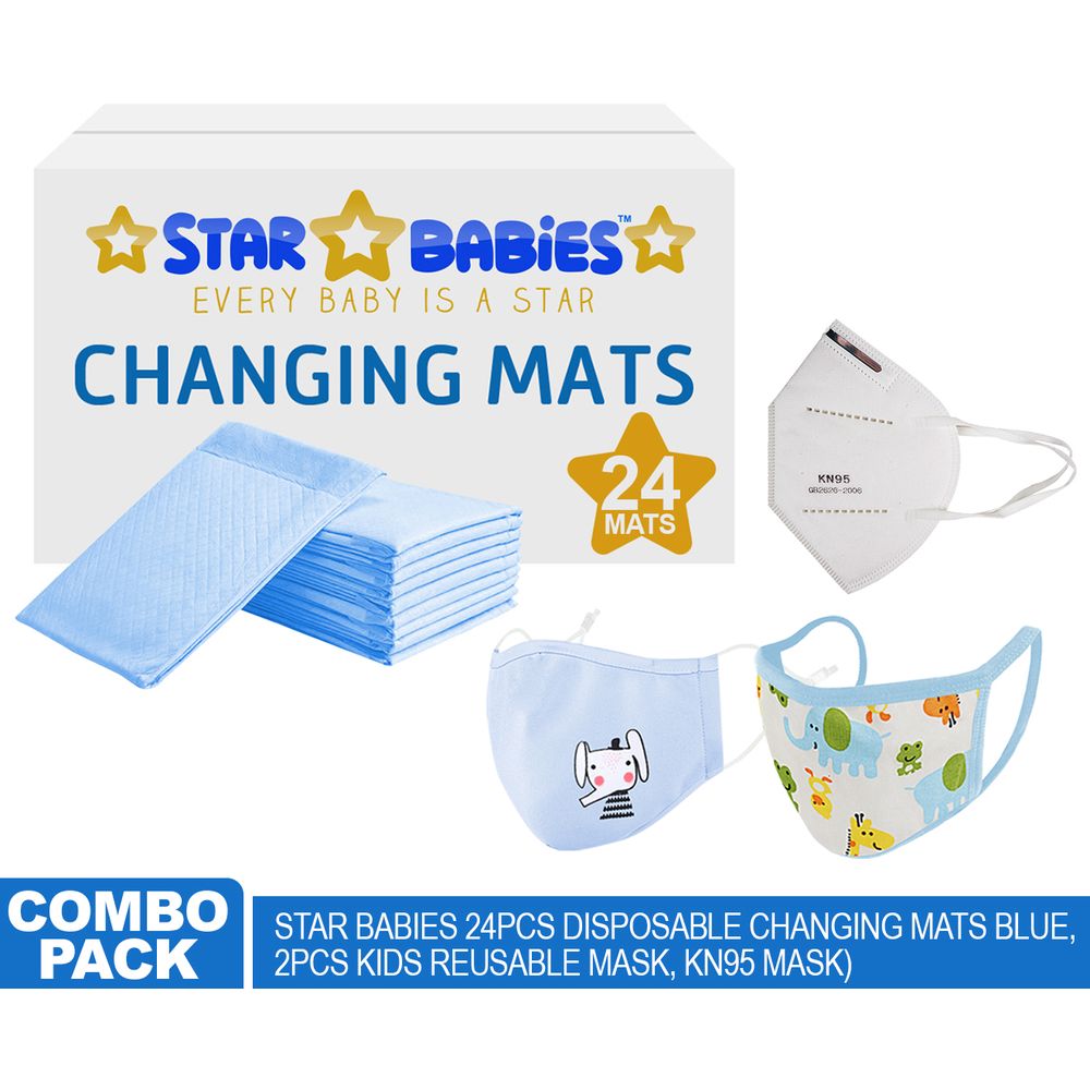 Star Babies Combo Pack, 24Pcs Disposable Changing Mats Blue/2Pcs Kids Reusable Mask/KN95 Mask