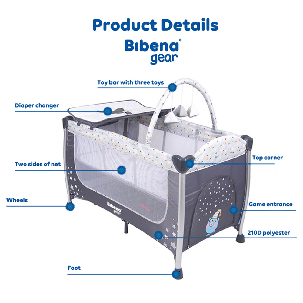Bibena Gear - 2-in-1 Travel Bed Playpen & Bassinet - Charcoal