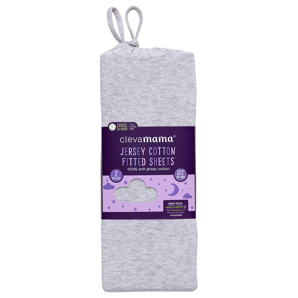 Clevamama Jersey Cotton Fitted Sheets - Pack Of 2 - 70x140cm - Grey