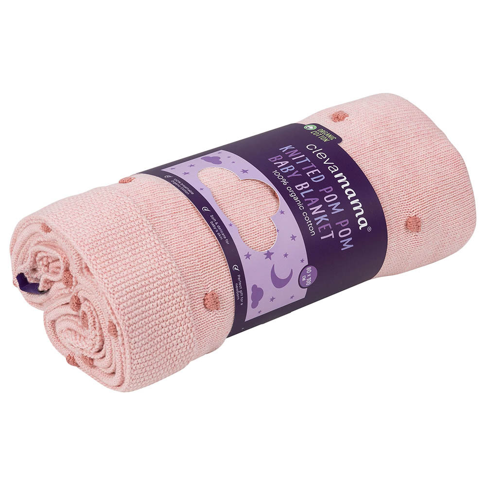 Clevamama - Knitted Pom Pom Baby Blanket - 80x100cm - Pink