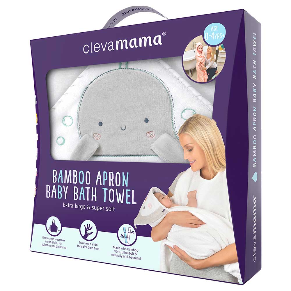 Clevamama Bamboo Apron Baby Bath Towel - White/Grey 