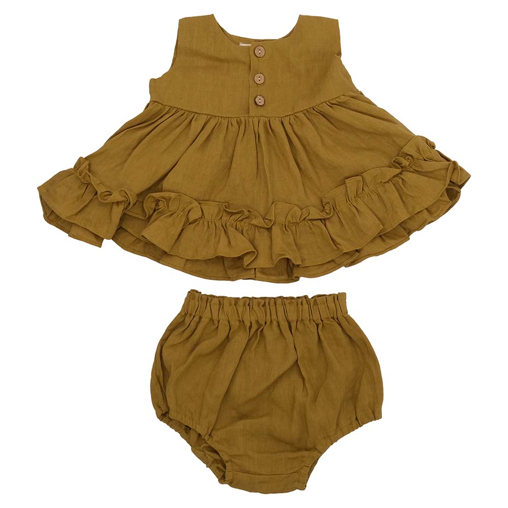 Kyara - 2Pc-Set - Pure Linen Dress & Bloomer - Olive Green