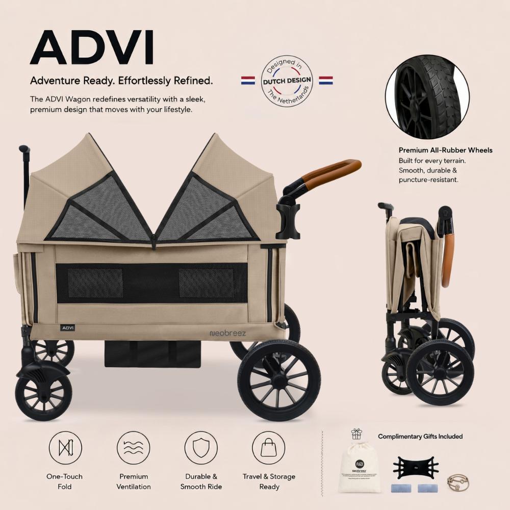 Neobreez - ADVI Wagon Stroller Double Stroller Push&Pull Foldable Twin Stroller - Beige