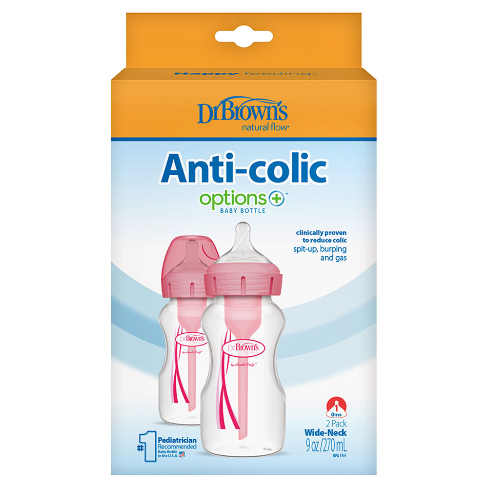 Dr. Brown's Polypropylene Wide-Neck Options+ Bottle - Pack of 2 - 270ml - Pink
