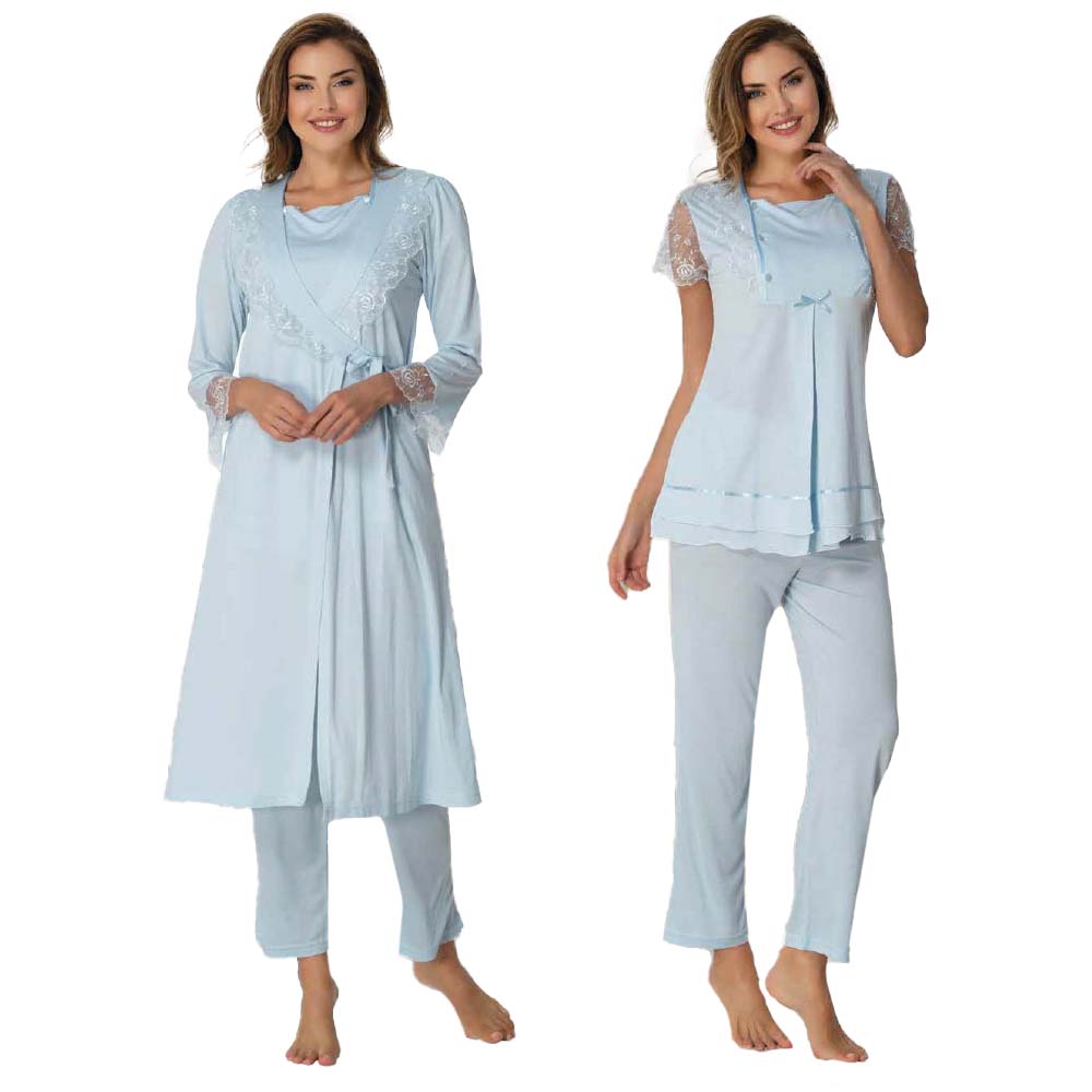 Mini Plum - 3pc-set - Lace Maternity Pajamas with Robe - Blue