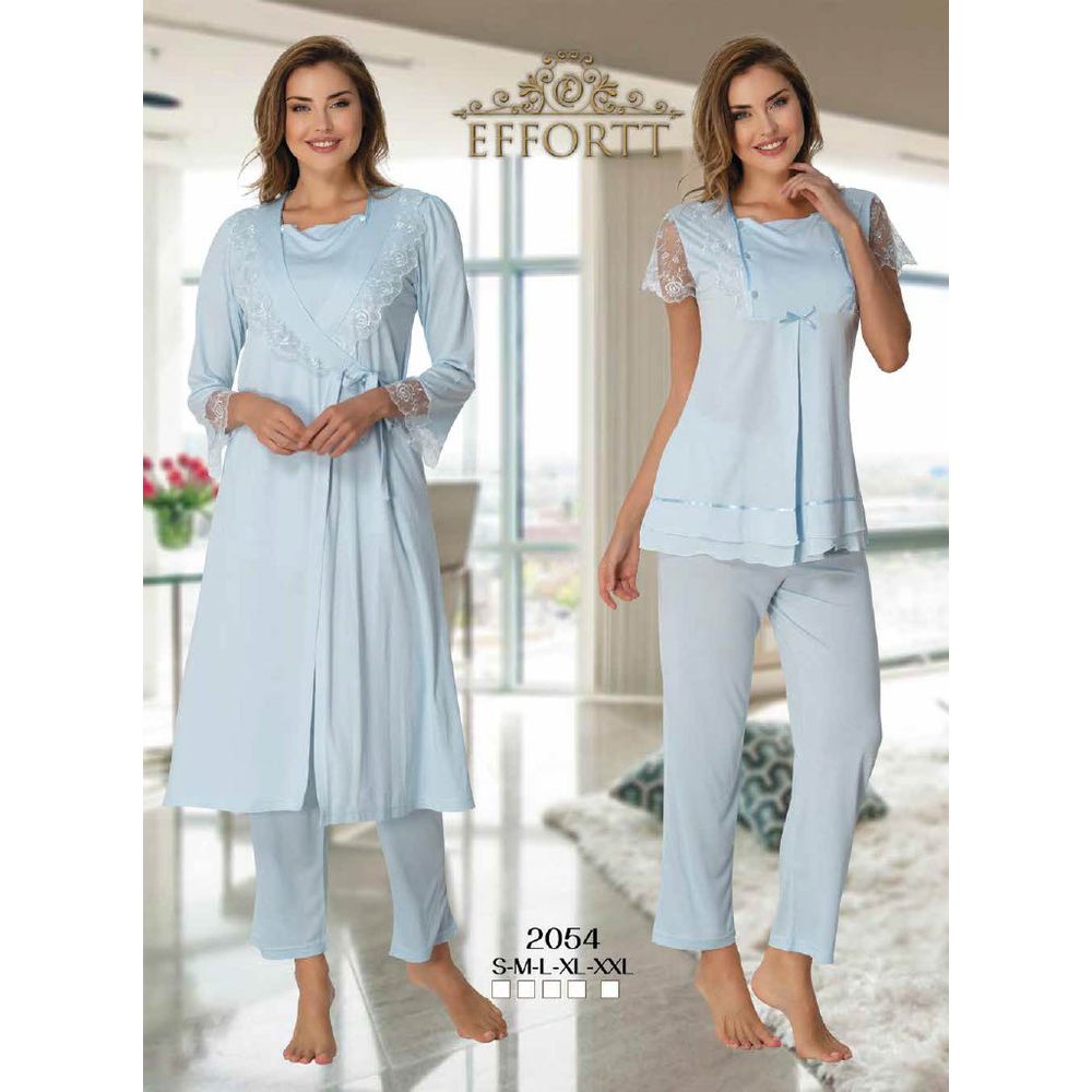Mini Plum - 3pc-set - Lace Maternity Pajamas with Robe - Blue