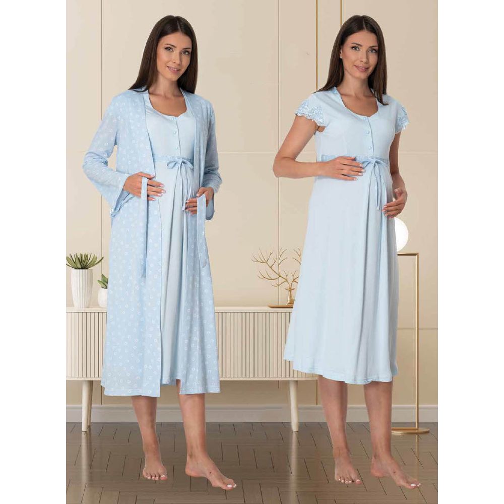 Mini Plum - 2pc-set - Maternity Nightie & Printed Robe - Blue
